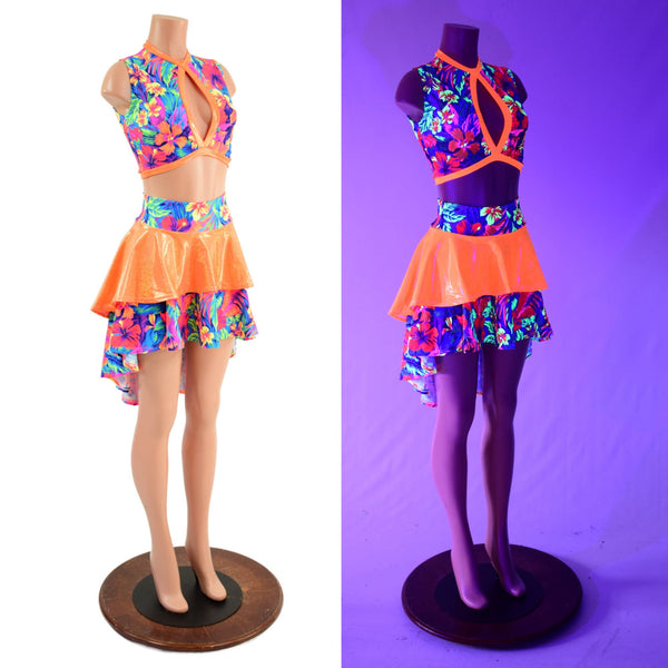 Neon Keyhole Top and Hi Lo Tiered Skirt Set - 2