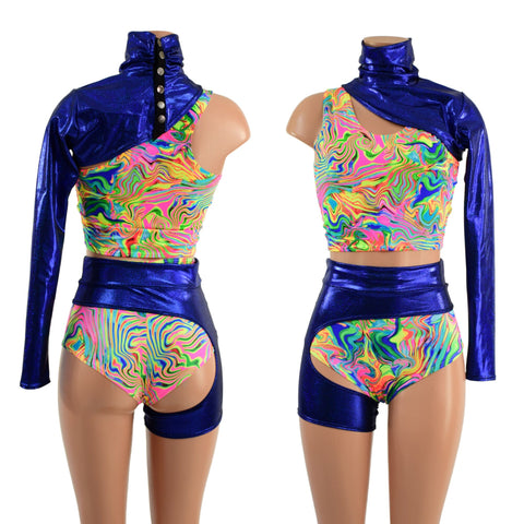 4PC Racerback Crop, Siren Shorts, One Leg Garter, and One Sleeve Snap Back Bolero Set - Coquetry Clothing