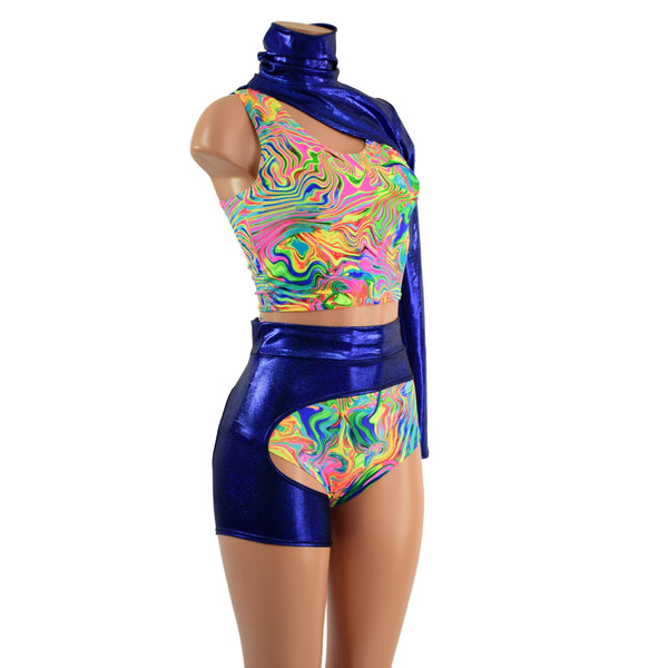 4PC Racerback Crop, Siren Shorts, One Leg Garter, and One Sleeve Snap Back Bolero Set - 3