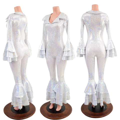 Dancing Queen Multi Tiered Bell Bottom Catsuit in White Kaleidoscope - Coquetry Clothing