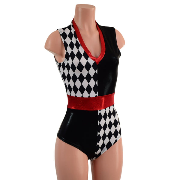 Black and White Quad Color Blocked Romper with Red Sparkly Jewel Trim - 2