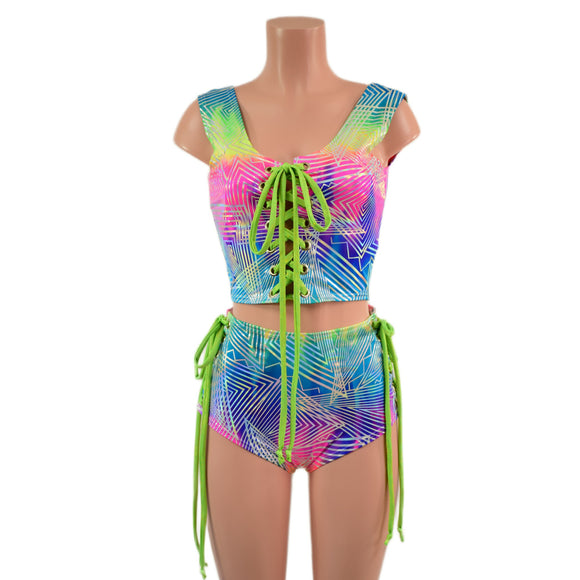 2PC Lace Up Crop Tank and Siren Shorts Set