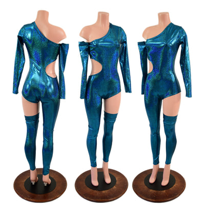 3PC Asymmetrical Catsuit with Cutout and Separate Arm and Leg Warmer