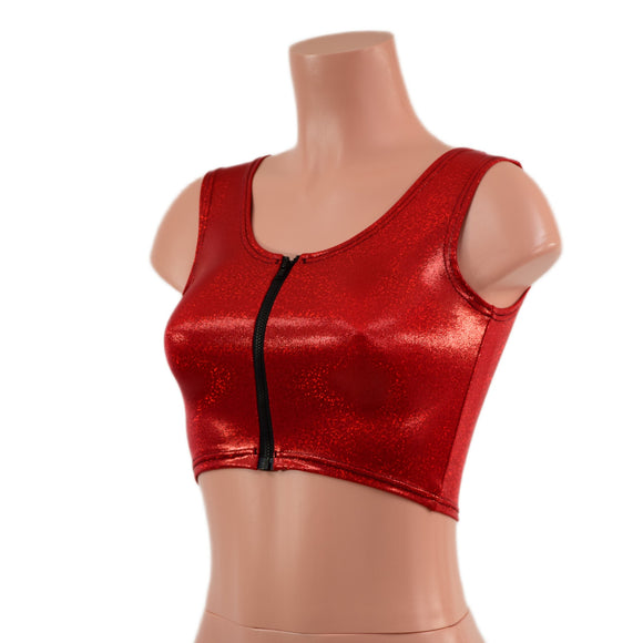 Red Sparkly Jewel MINI Crop Tank with Black Zipper Front