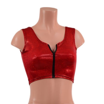 Red Sparkly Jewel MINI Crop Tank with Black Zipper Front