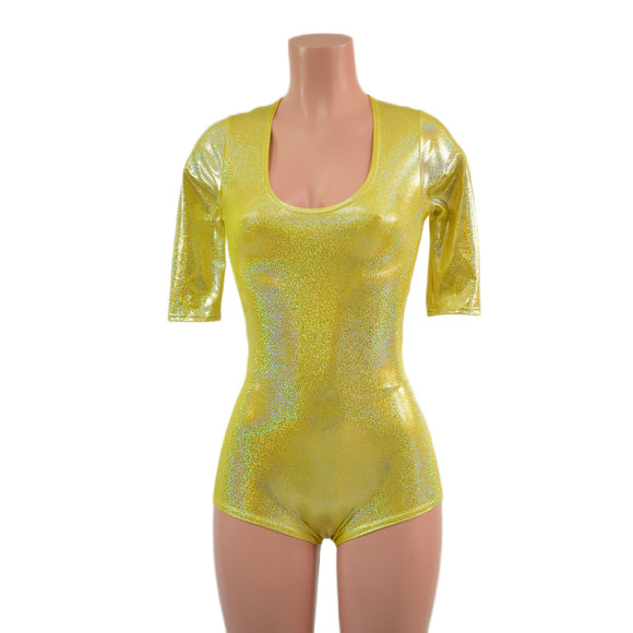 Yellow Sparkly Jewel Half Sleeve Romper with Scoop Neck and Boy Cut Leg