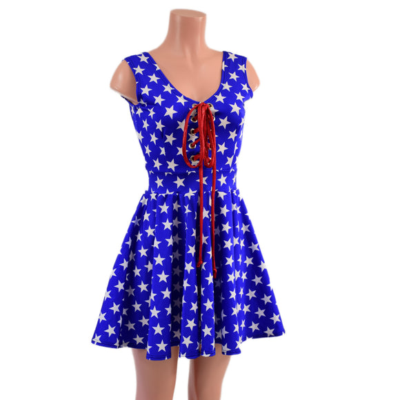 Blue and White Star Skater Dress with Lace Up Bodice