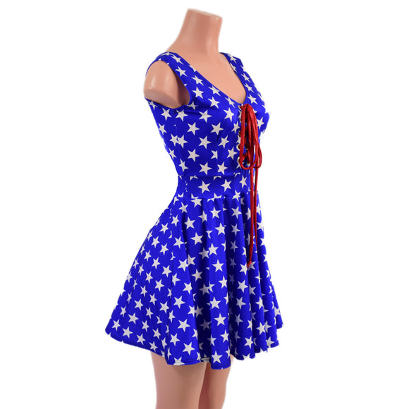Blue and White Star Skater Dress with Lace Up Bodice