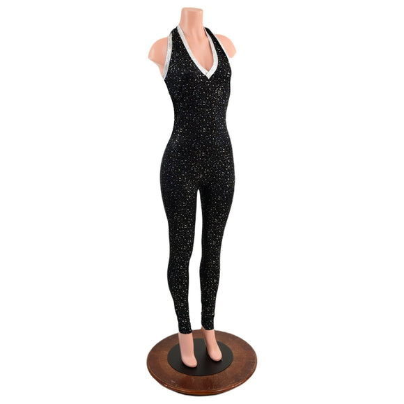 Ready to Ship Star Noir Backless V Neck Catsuit with Silver on White Shattered Glass Trim XS - Coquetry Clothing