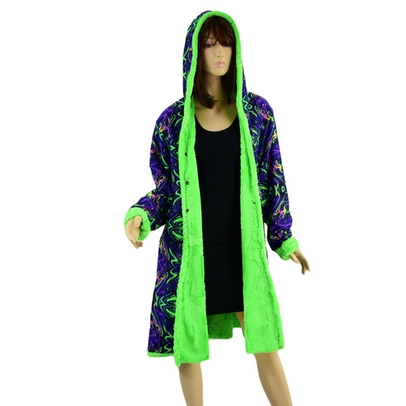Neon UFO Minky and Neon Melt Reversible A Line Coat - Coquetry Clothing