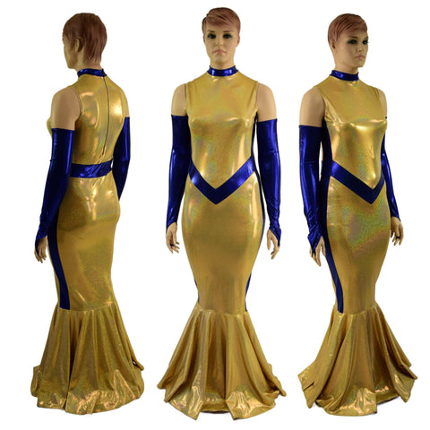 Gold and Blue Super Hero Fishtail Gown and Arm Warmers - Coquetry Clothing