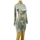 Platinum Metallic Bike Shorts and Long Sleeve Crop Top with Stella Collar - Coquetry Clothing