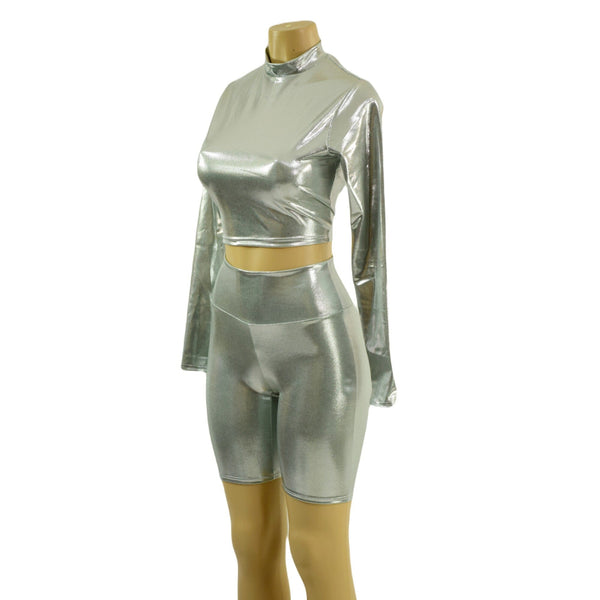 Platinum Metallic Bike Shorts and Long Sleeve Crop Top with Stella Collar - 3