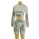 Platinum Metallic Bike Shorts and Long Sleeve Crop Top with Stella Collar - Coquetry Clothing