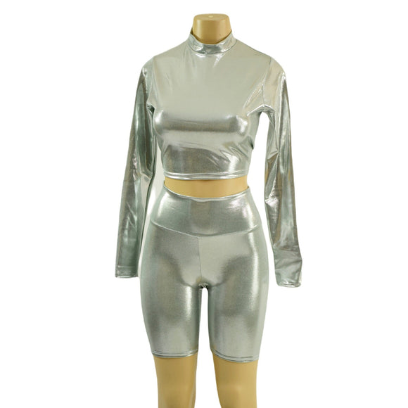 Platinum Metallic Bike Shorts and Long Sleeve Crop Top with Stella Collar - Coquetry Clothing