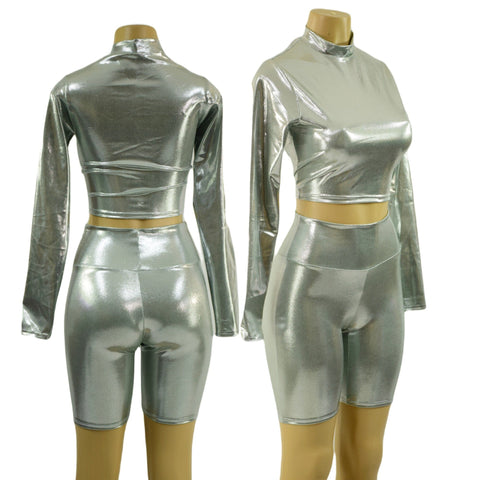 Platinum Metallic Bike Shorts and Long Sleeve Crop Top with Stella Collar - Coquetry Clothing