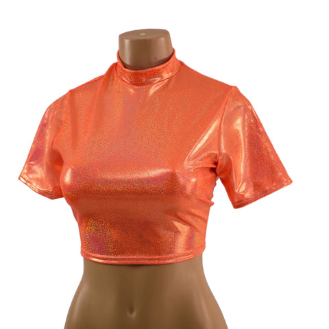 Neon Orange Sparkly Jewel Tee Sleeve Crop Top - Coquetry Clothing