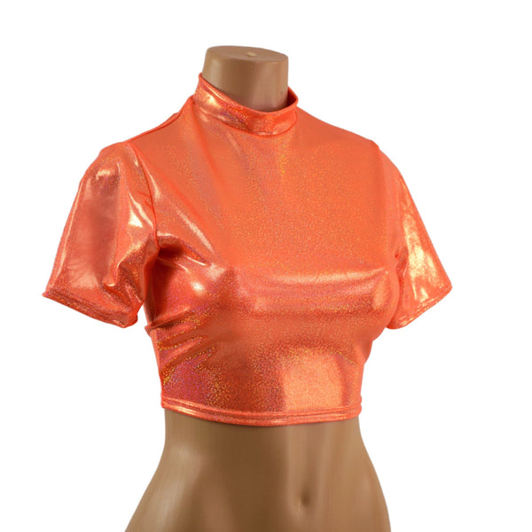 Neon Orange Sparkly Jewel Tee Sleeve Crop Top - 3