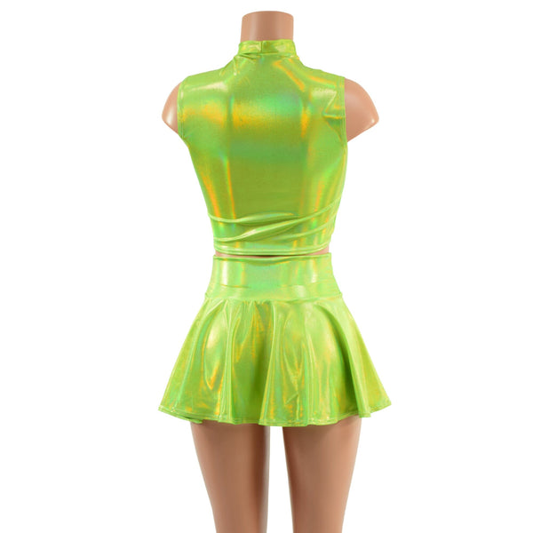 Neon Lime Holographic Crop Top & Circle Cut Skirt Set - 2