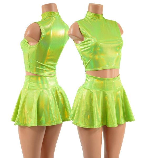 Neon Lime Holographic Crop Top & Circle Cut Skirt Set - 1
