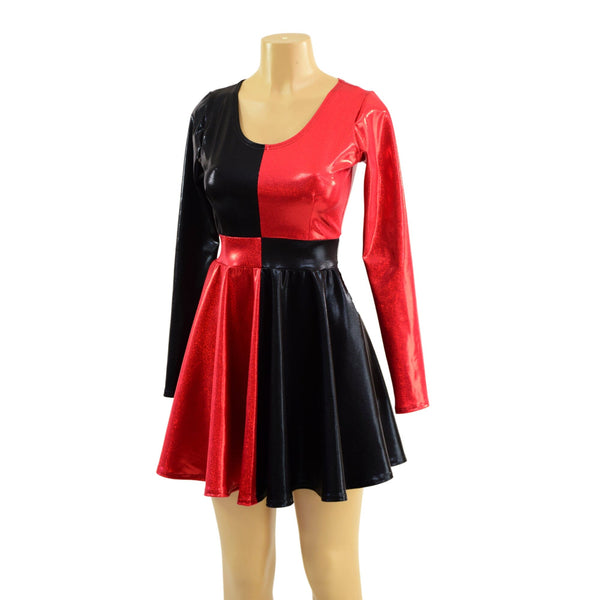 Harlequin Red and Black Long Sleeve Skater Dress - 6