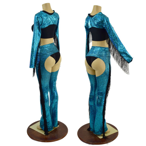 2PC Turquoise Fringe Bolero and Bootcut Chaps Set (Shorts and crop top sold separately) - Coquetry Clothing