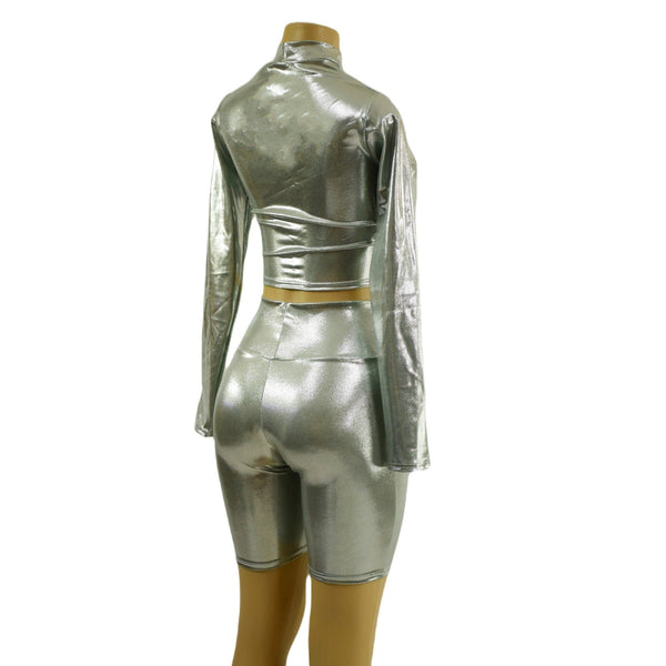 Platinum Metallic Bike Shorts and Long Sleeve Crop Top with Stella Collar - 5