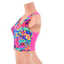 Two Tone Racerback Crop Tank in Tahitian Floral with Neon Pink Mesh Back-2
