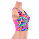 Two Tone Racerback Crop Tank in Tahitian Floral with Neon Pink Mesh Back-3