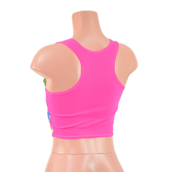 Two Tone Racerback Crop Tank in Tahitian Floral with Neon Pink Mesh Back
