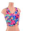 Two Tone Racerback Crop Tank in Tahitian Floral with Neon Pink Mesh Back-5