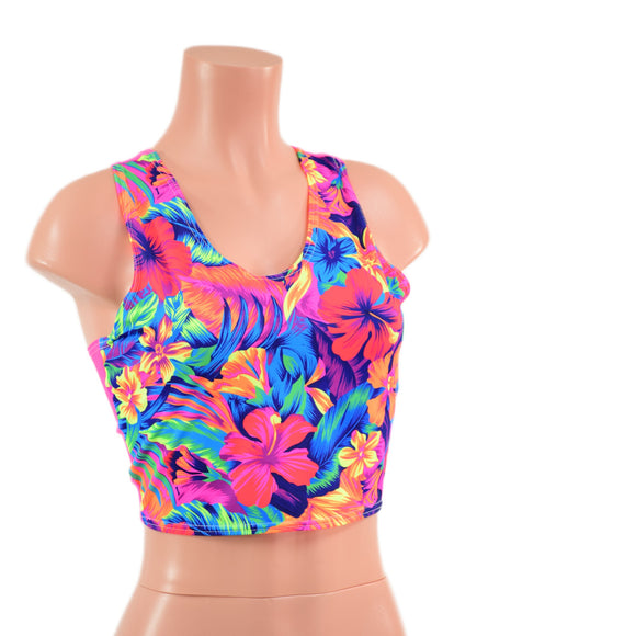 Two Tone Racerback Crop Tank in Tahitian Floral with Neon Pink Mesh Back