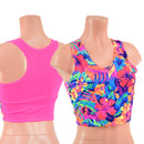 Two Tone Racerback Crop Tank in Tahitian Floral with Neon Pink Mesh Back-1