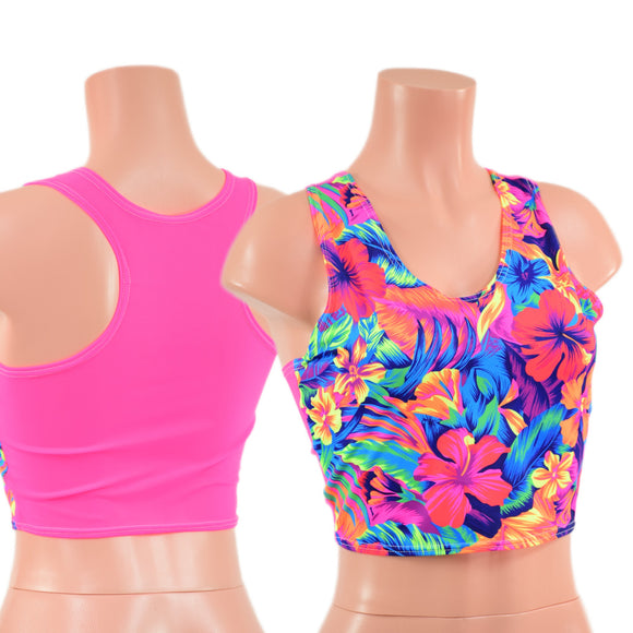 Two Tone Racerback Crop Tank in Tahitian Floral with Neon Pink Mesh Back