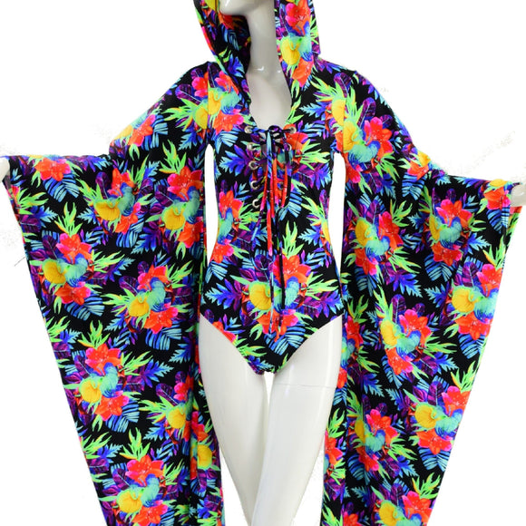 UV Glow Sonic Bloom Kimono Sleeve Romper with Plunging V Laceup Neckline - Coquetry Clothing