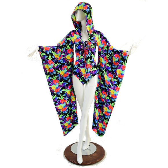 UV Glow Sonic Bloom Kimono Sleeve Romper with Plunging V Laceup Neckline - Coquetry Clothing