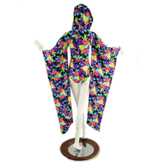 UV Glow Sonic Bloom Kimono Sleeve Romper with Plunging V Laceup Neckline - Coquetry Clothing