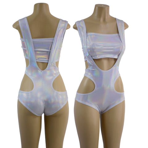 Flashbulb Holographic Hipnotic Suspender Romper and 6" Mini Strapless Crop Top - Coquetry Clothing