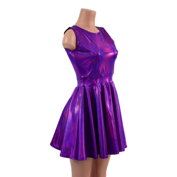 Grape Holographic Cap Sleeve Skater Dress with Crew Neckline