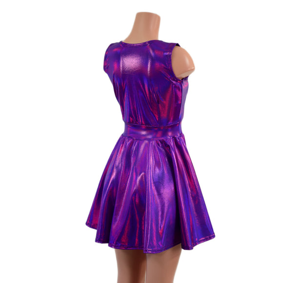 2PC Grape Holographic Sleeveless Skater Dress with Elf Collar