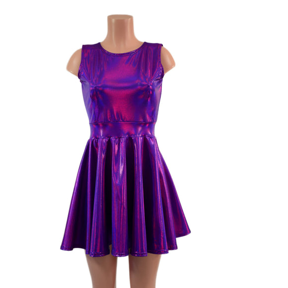Grape Holographic Cap Sleeve Skater Dress with Crew Neckline