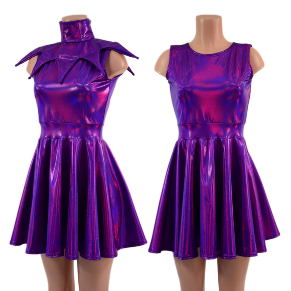 2PC Grape Holographic Sleeveless Skater Dress with Elf Collar