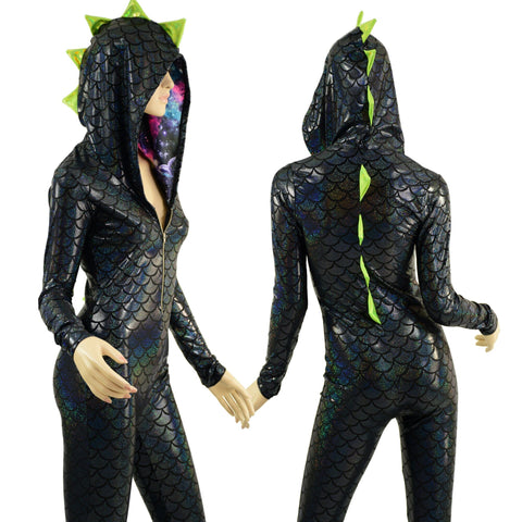 Black Dragon Hooded Catsuit with Zipper Front - Coquetry Clothing