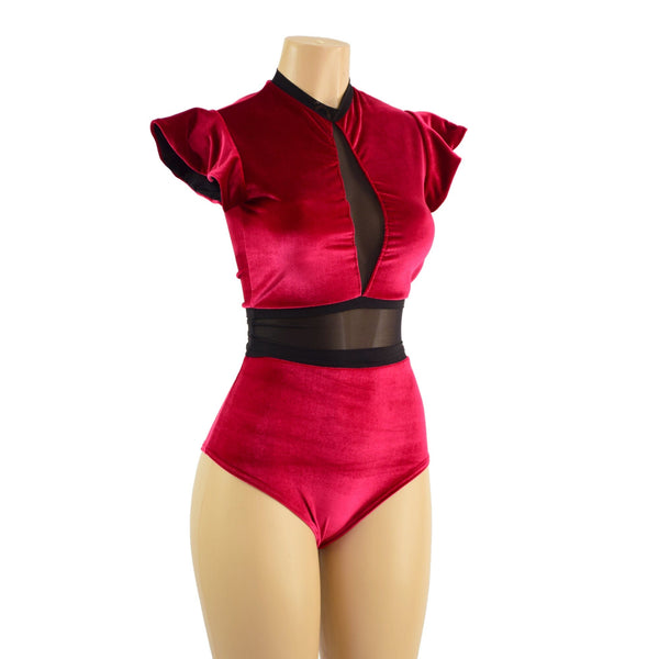 Red Velvet Romper with Inset Mesh Keyhole Neckline - 2