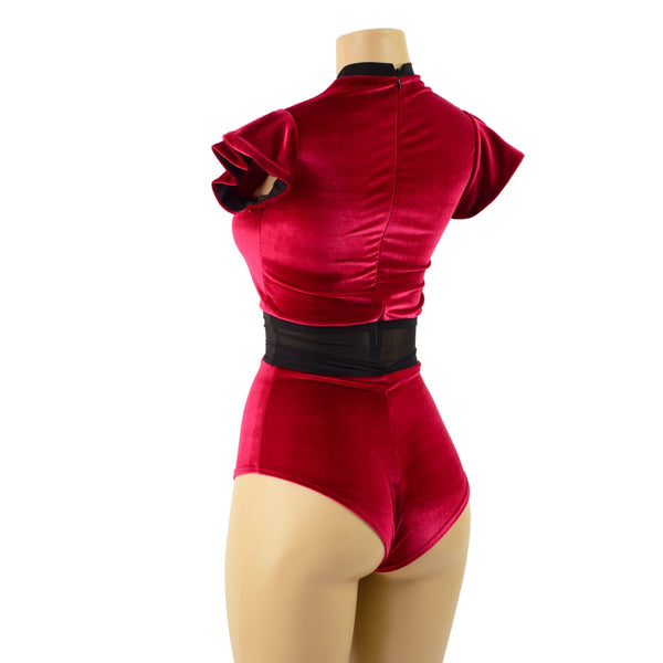 Red Velvet Romper with Inset Mesh Keyhole Neckline - 4