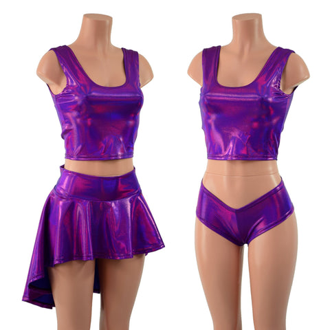 Grape Holographic 3PC Rave Skirt, Shorts & Top Set - Coquetry Clothing