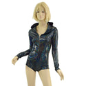 Ready to Ship Black Kaleidoscope Hooded Romper with Silver Front Zipper, Long Sleeves & Boy Cut Leg XS - 2