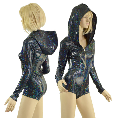 Black Kaleidoscope Hooded Romper with Silver Front Zipper, Long Sleeves & Boy Cut Leg - Coquetry Clothing