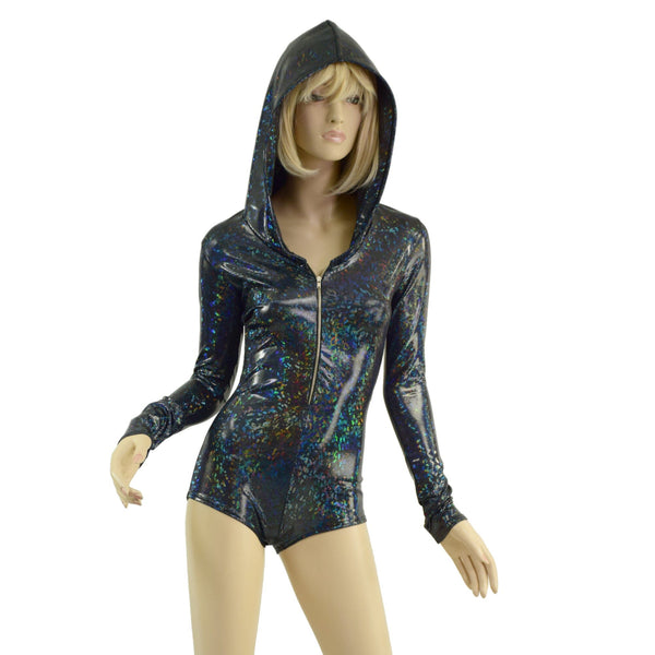 Black Kaleidoscope Hooded Romper with Silver Front Zipper, Long Sleeves & Boy Cut Leg - 3