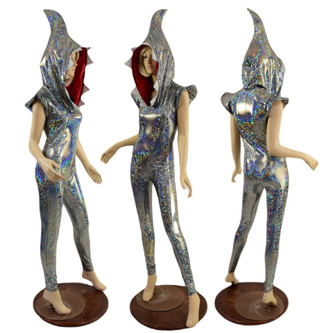 Silver Kaleidoscope Shark Hooded Catsuit - Coquetry Clothing